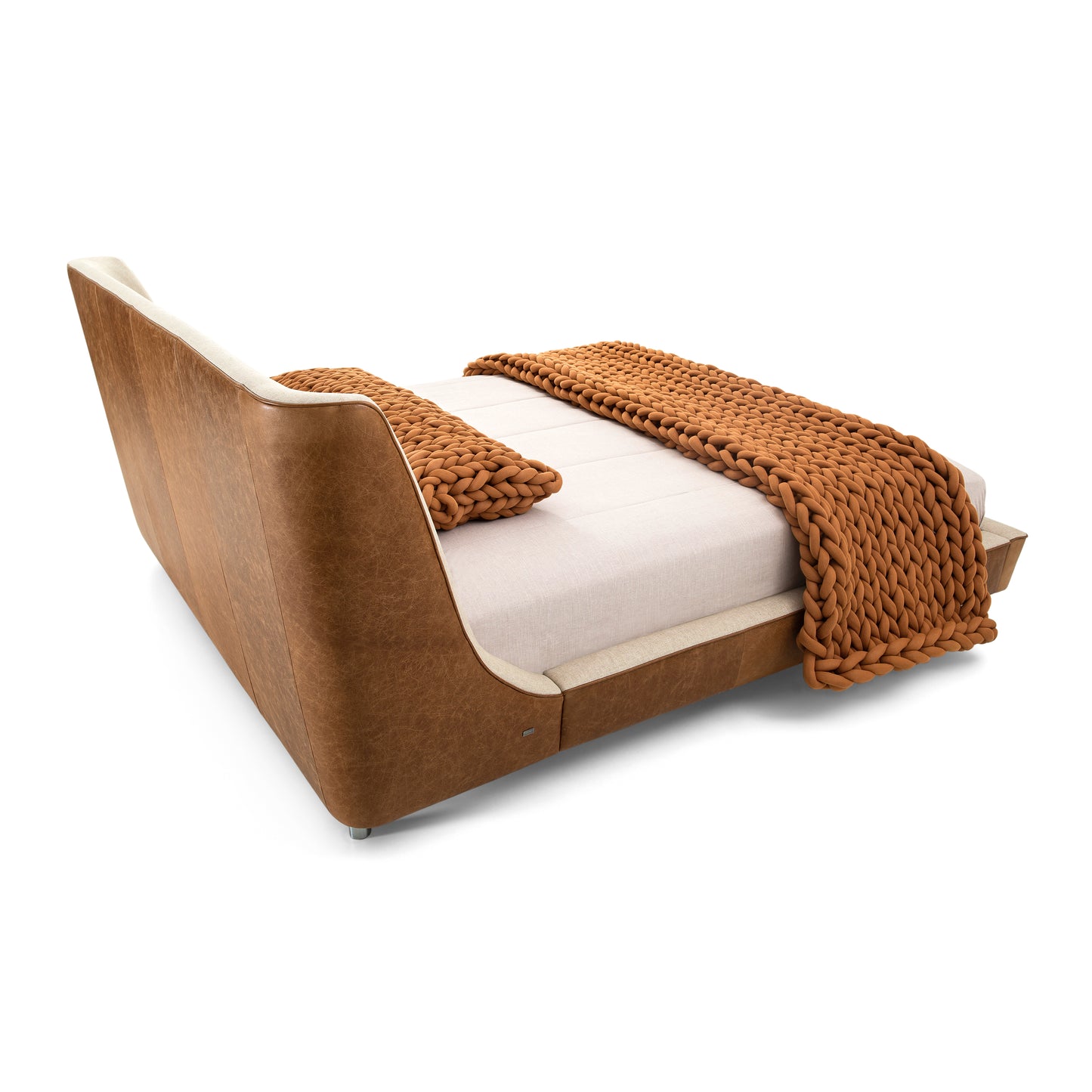 MUSA King Bed in Oatmeal Fabric and Caramel leather