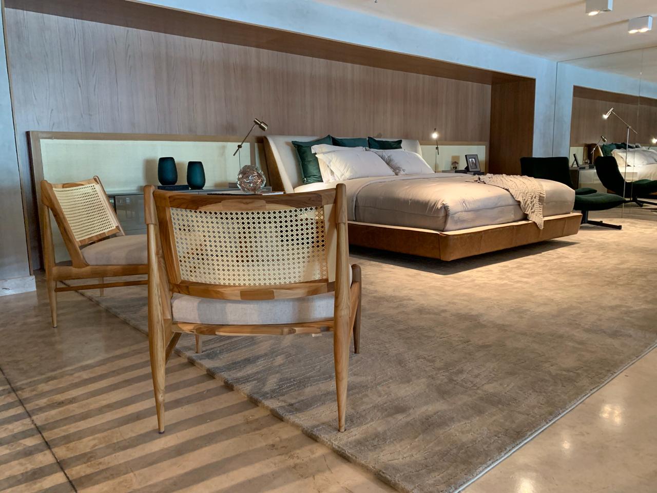 MUSA Queen Bed in Oatmeal Fabric and Caramel leather