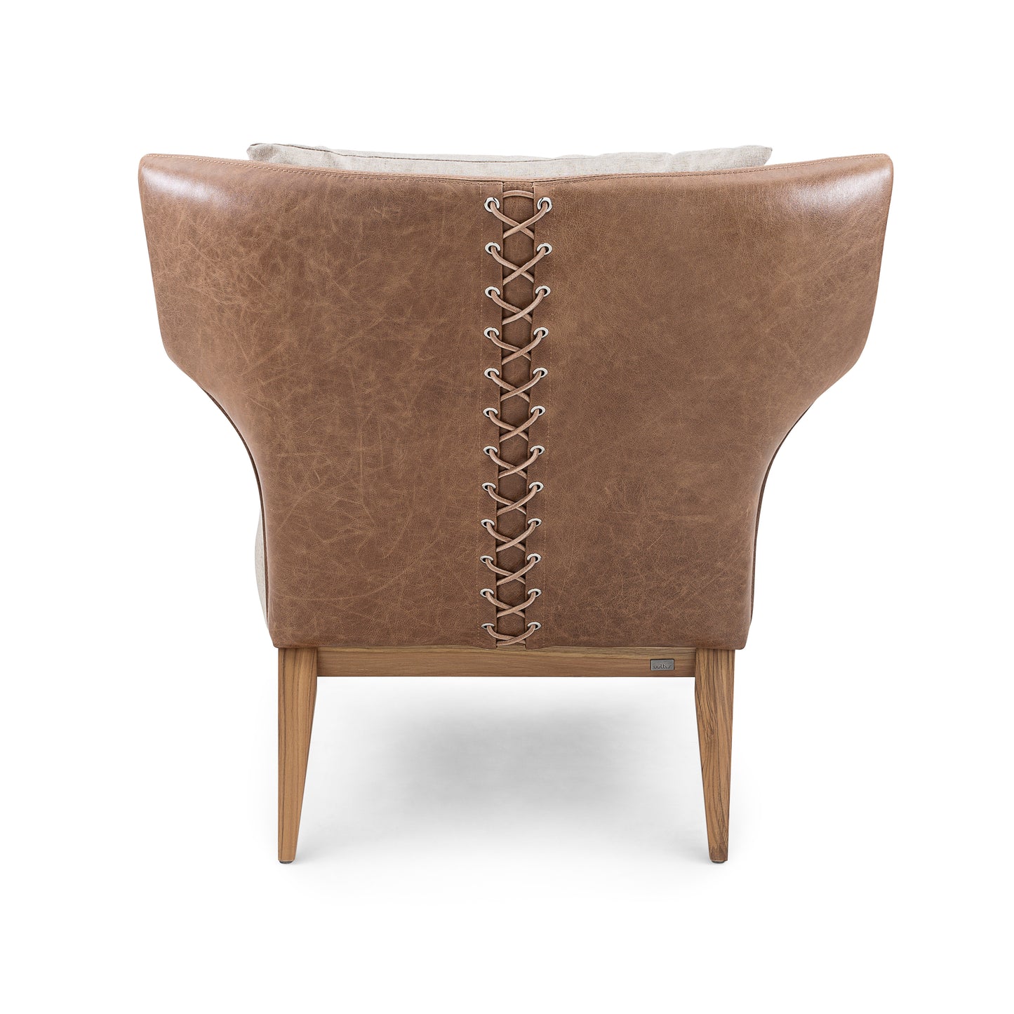 BUSTO Armchair in Teak with Beige fabric and Caramel leather