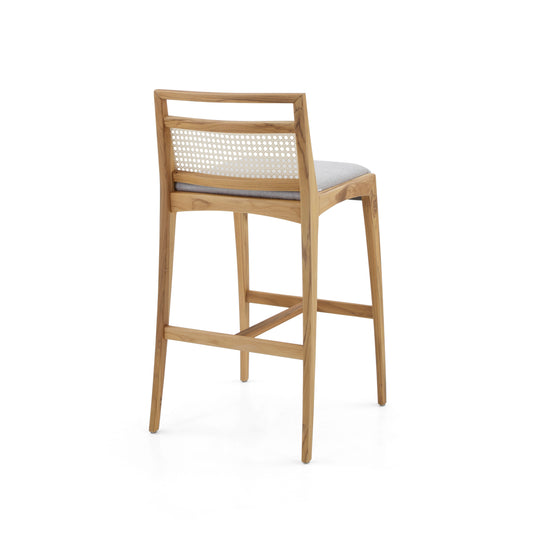 SOTTO Bar Stool in Teak, Light Gray fabric and Natural cane