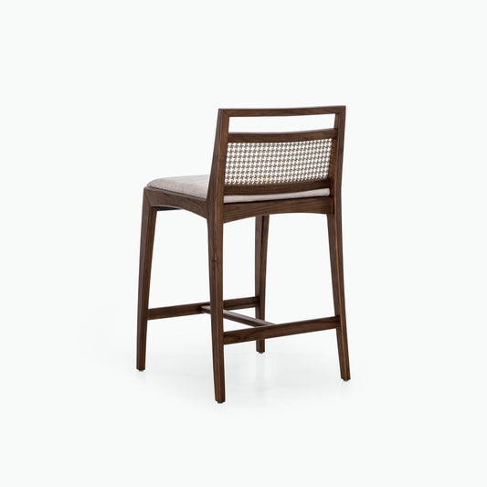SOTTO Counter Stool in Walnut, Beige Fabric and Mixed Light Cane