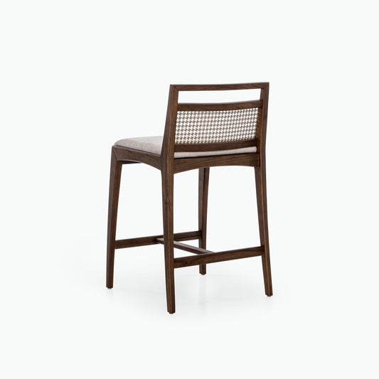 SOTTO Counter Stool in Walnut, Beige Fabric and Mixed Light Cane