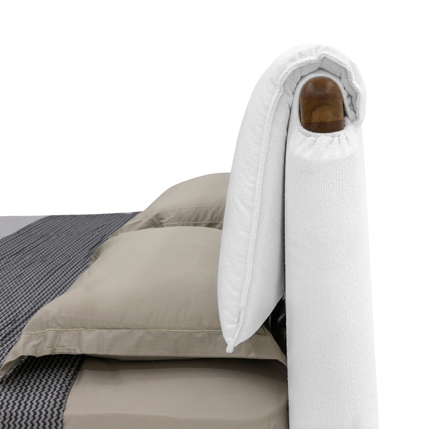 ELBOW King Bed in White fabric and Teak finish