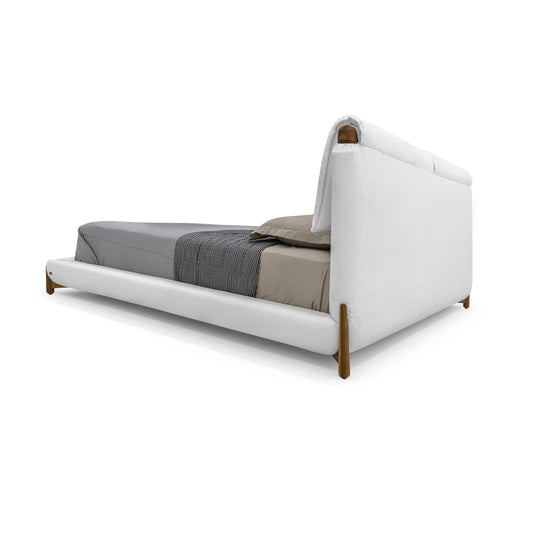 ELBOW King Bed in White fabric and Teak finish