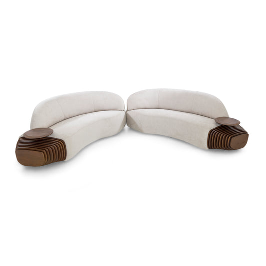 RUY Sofa Curved in Walnut and Beige Fabric 97" Right Side