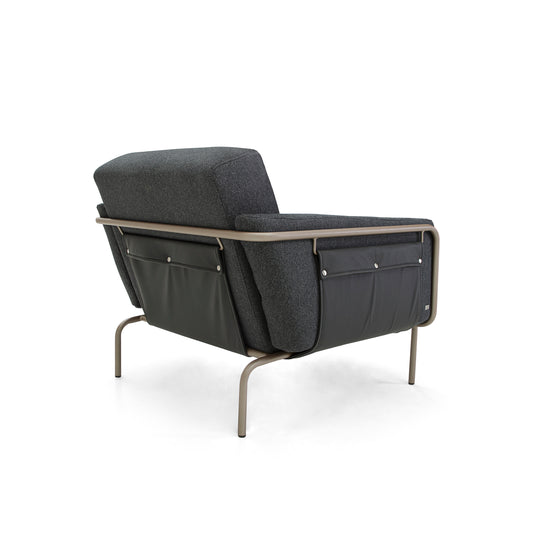 TREND Armchair in Chocolate finish with Charcoal fabric and Black leather