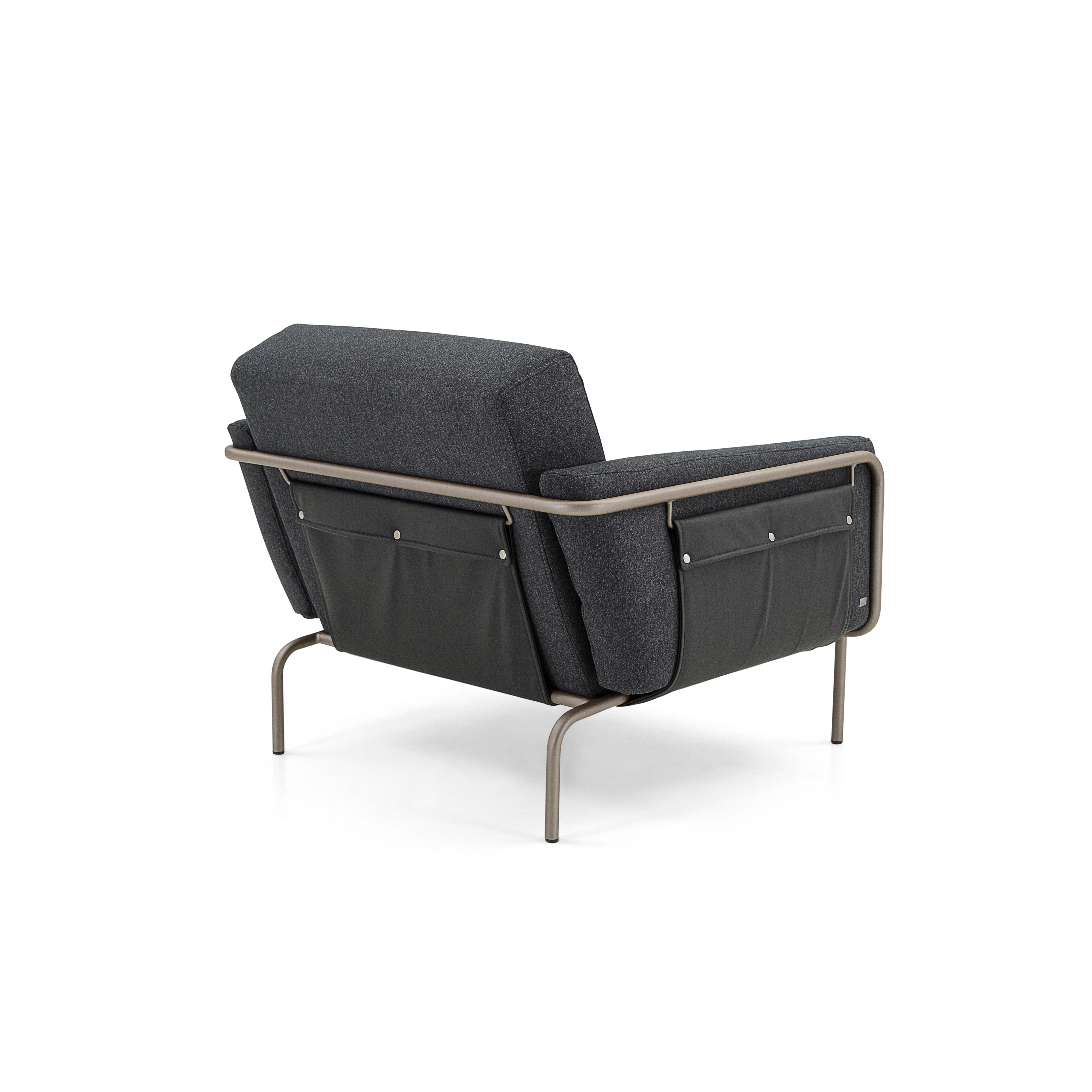 TREND Armchair in Chocolate finish with Charcoal fabric and Black leather