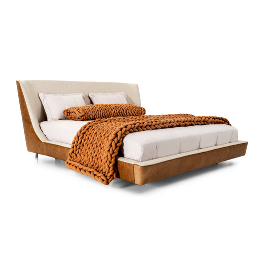 MUSA Queen Bed in Oatmeal Fabric and Caramel leather