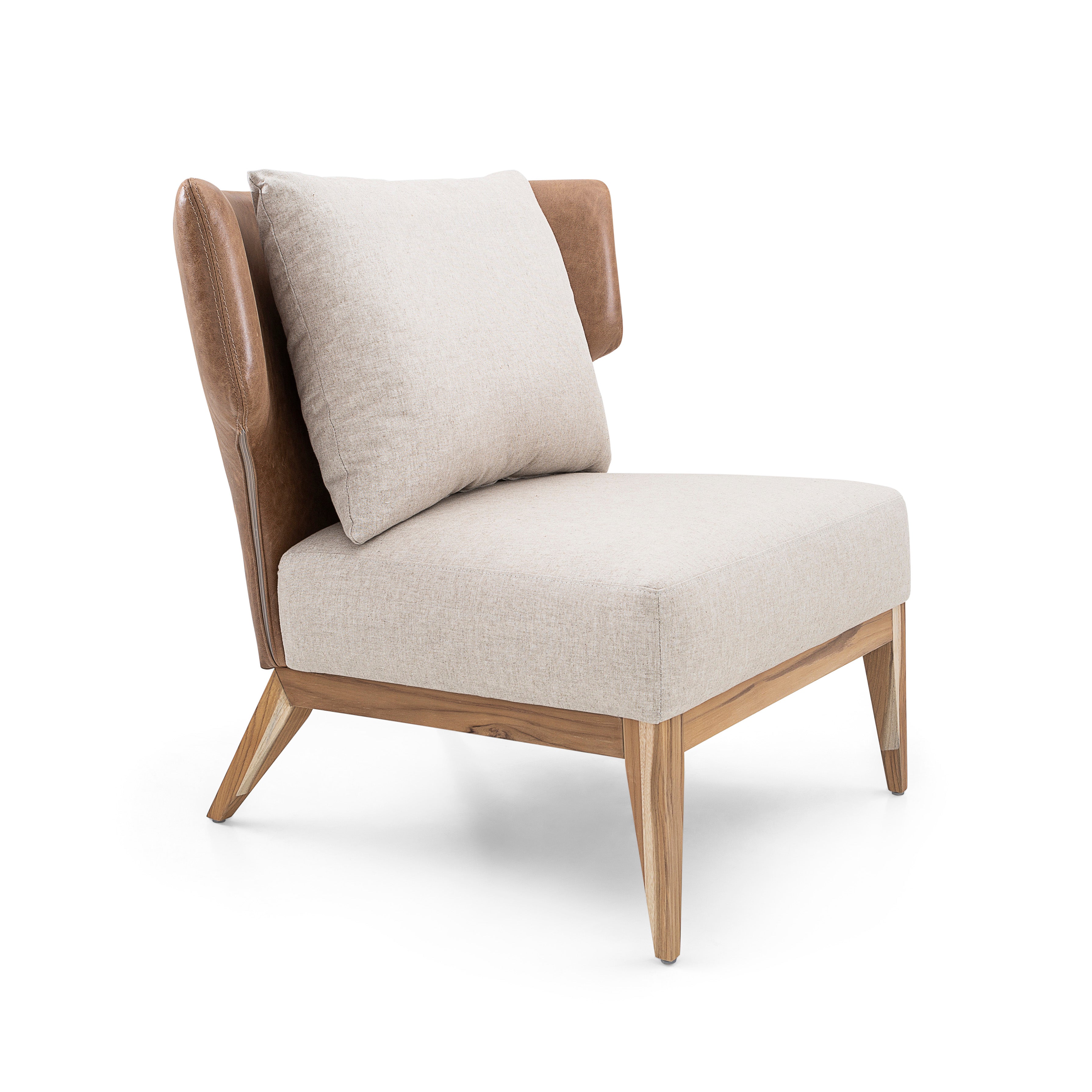 BUSTO Armchair in Teak with Beige fabric and Caramel leather