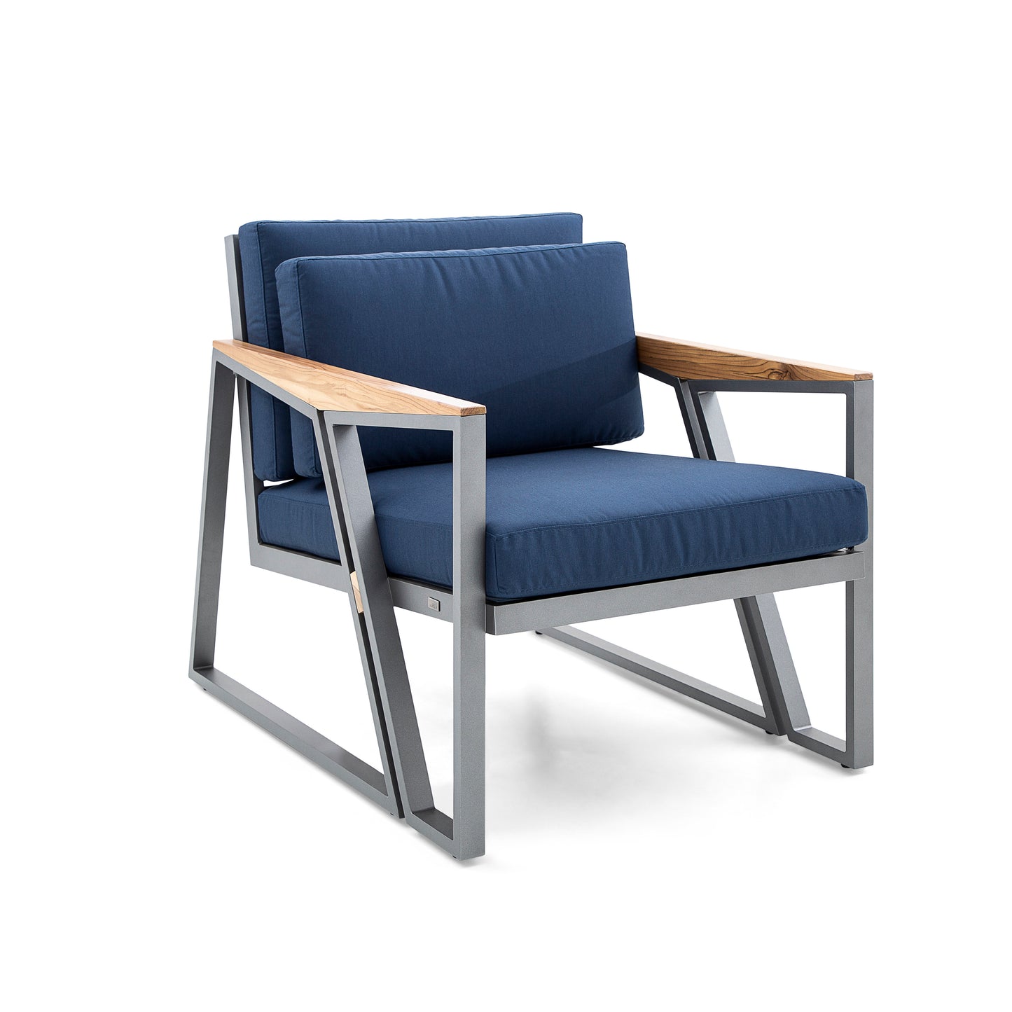 SCALENE Armchair in Graphite and Teak with Dark Blue fabric