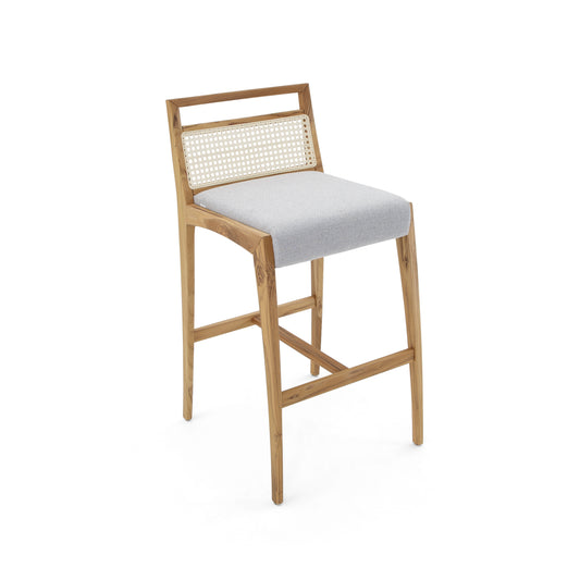 SOTTO Bar Stool in Teak, Light Gray fabric and Natural cane