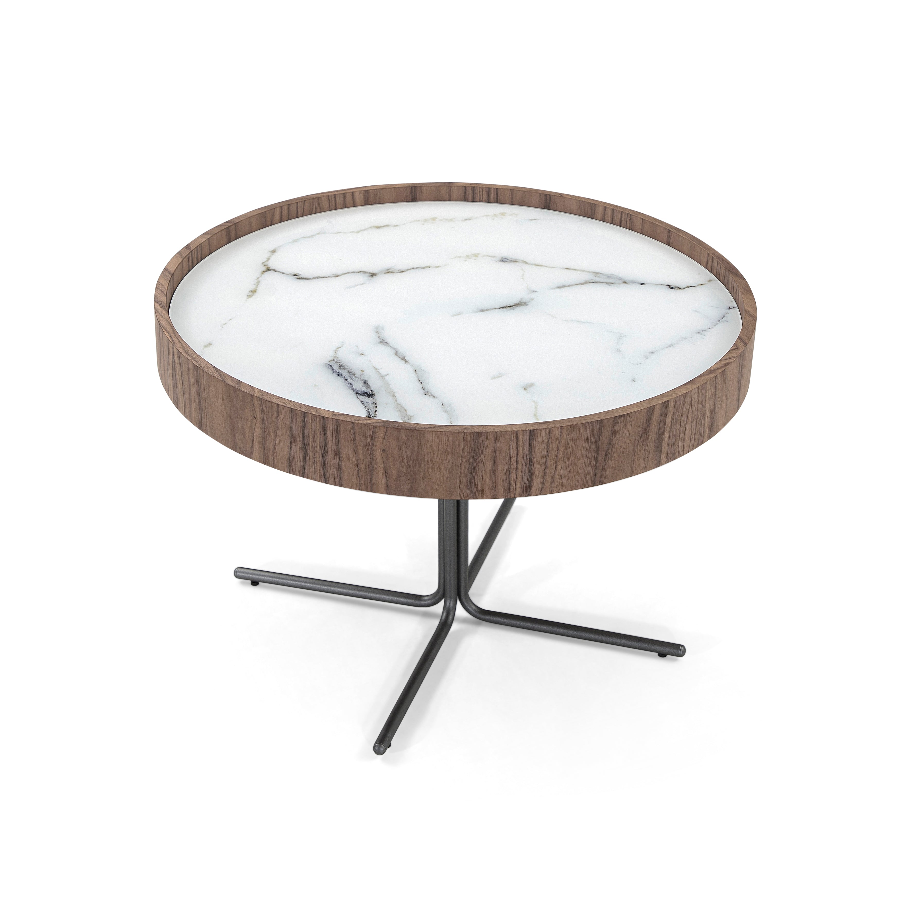REGIA Coffee Table in Walnut and Graphite with White Carrara Glass 27"