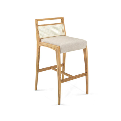 SOTTO Counter Stool in Teak, Light Beige fabric and Natural cane