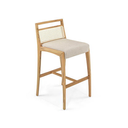 SOTTO Counter Stool in Teak, Light Beige fabric and Natural cane