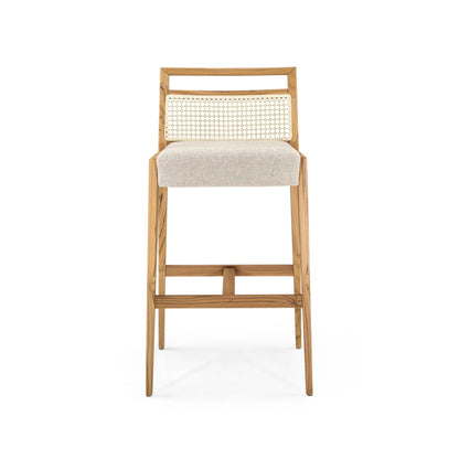 SOTTO Counter Stool in Teak, Light Beige fabric and Natural cane