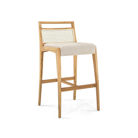 SOTTO Counter Stool in Teak, Light Beige fabric and Natural cane