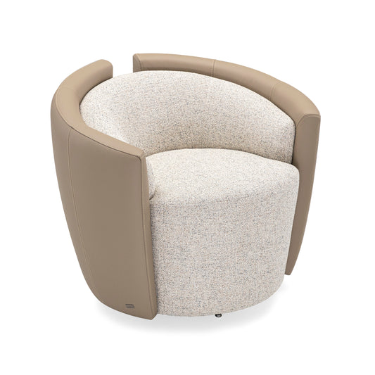 LIRIO Swivel Armchair in Cream Leather and Beige Fabric