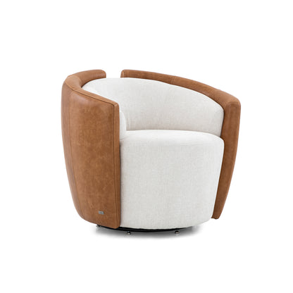 LIRIO Swivel Armchair in Caramel Leather and Ivory Fabric