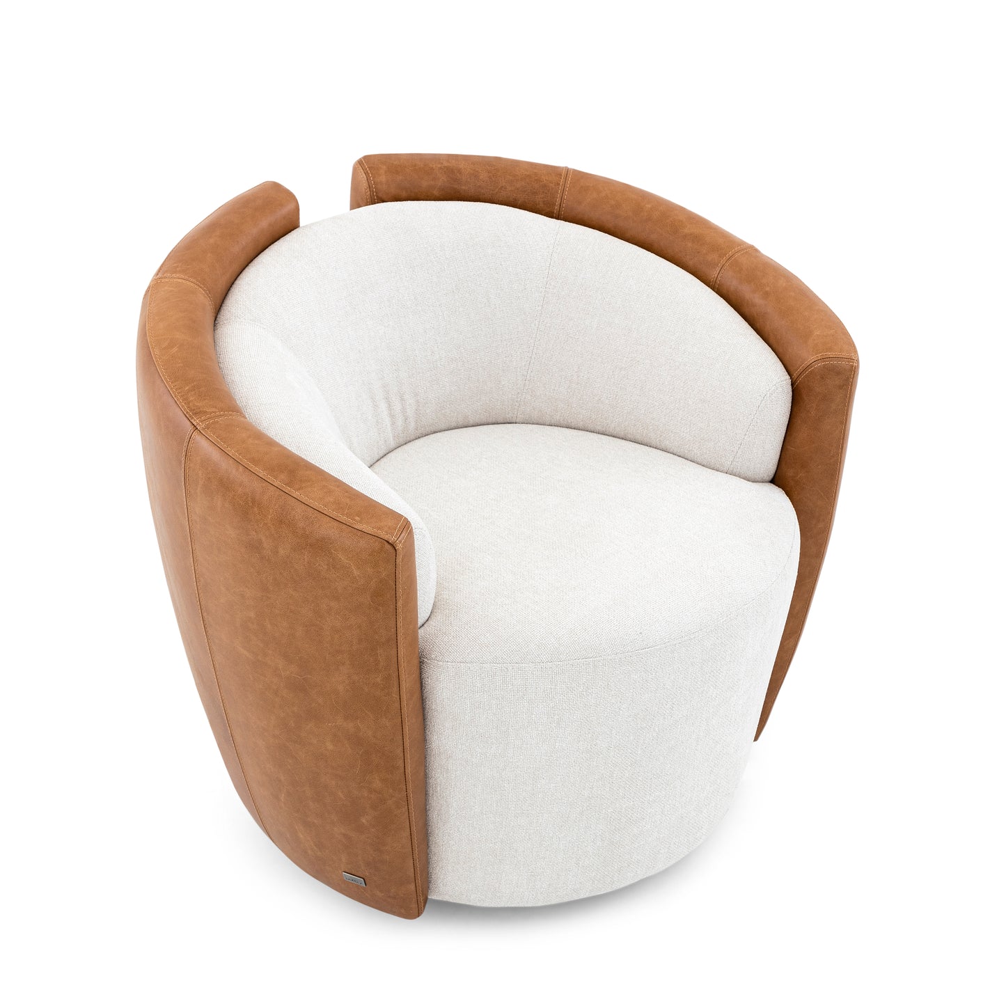 LIRIO Swivel Armchair in Caramel Leather and Ivory Fabric