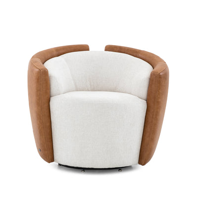 LIRIO Swivel Armchair in Caramel Leather and Ivory Fabric
