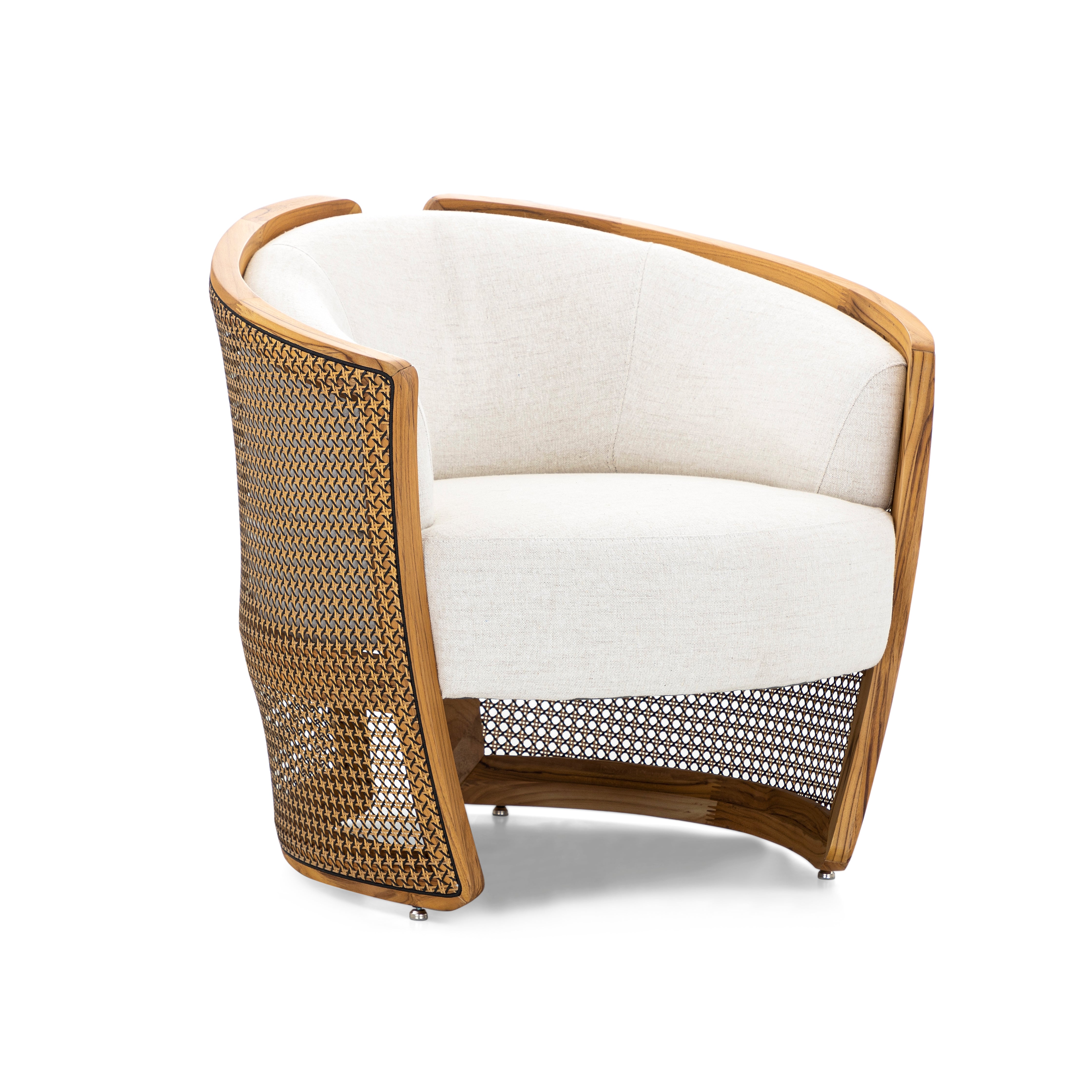 LIRIO Armchair In Teak and Ivory Fabric with Mixed Dark Cane