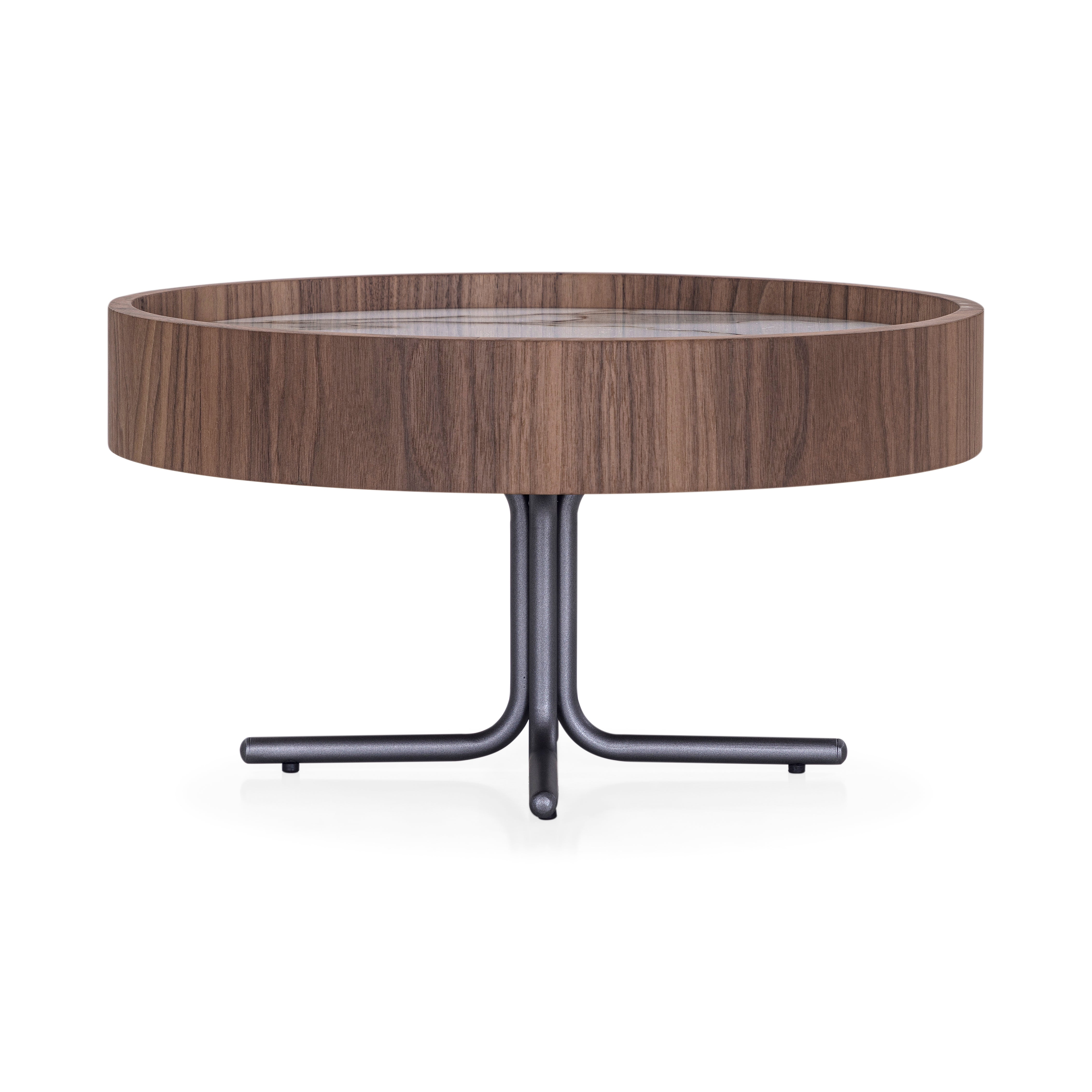 REGIA Coffee Table in Walnut and Graphite with White Carrara Glass 19"
