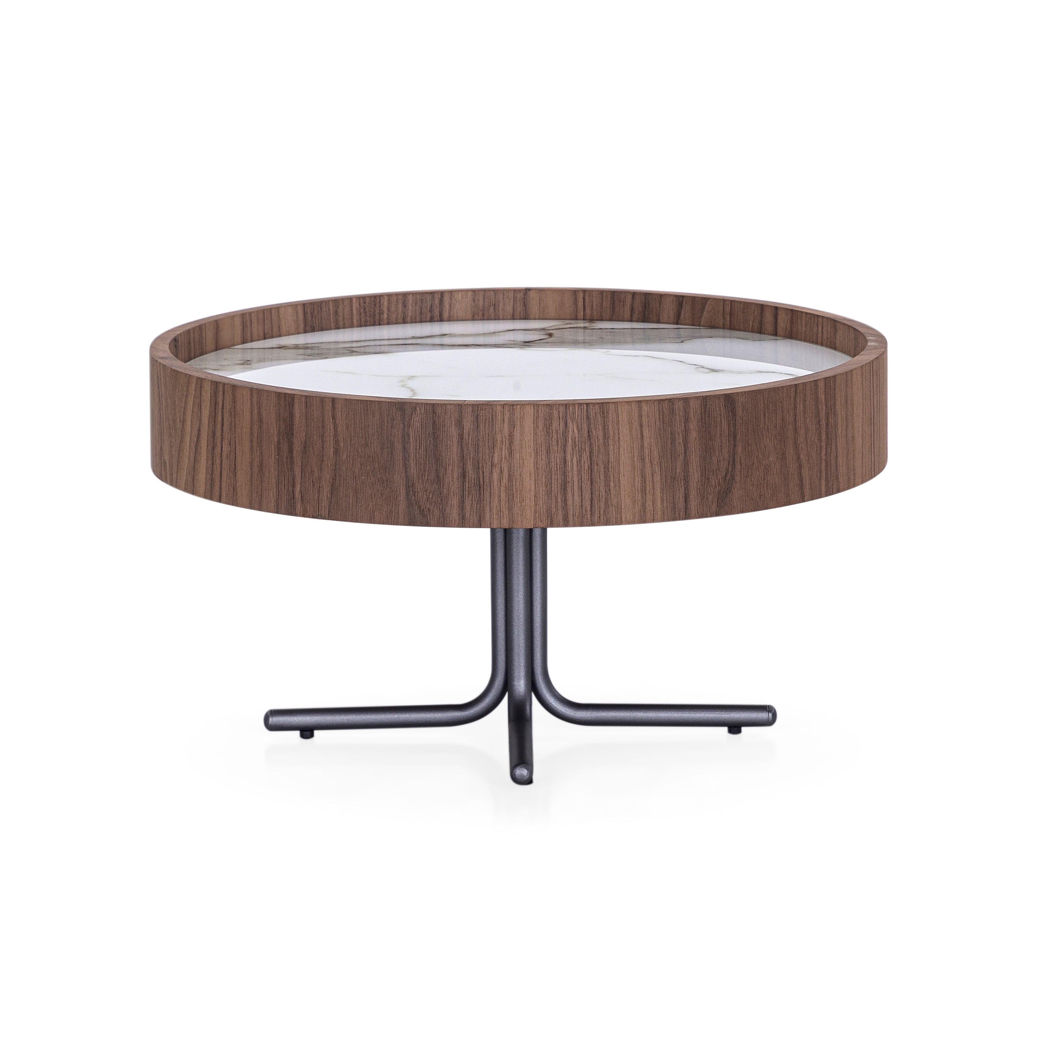 REGIA Coffee Table in Walnut and Graphite with White Carrara Glass 19"