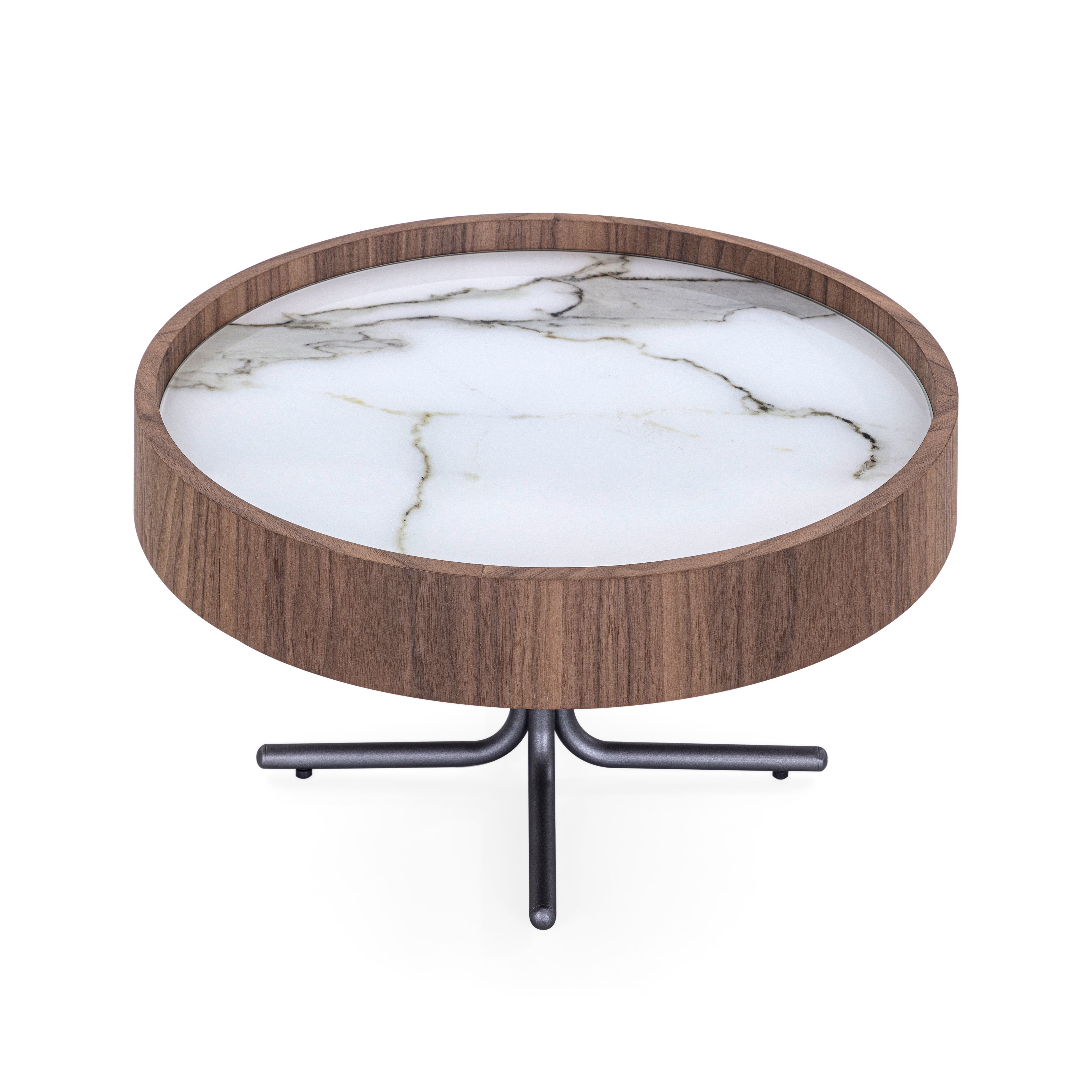 REGIA Coffee Table in Walnut and Graphite with White Carrara Glass 19"