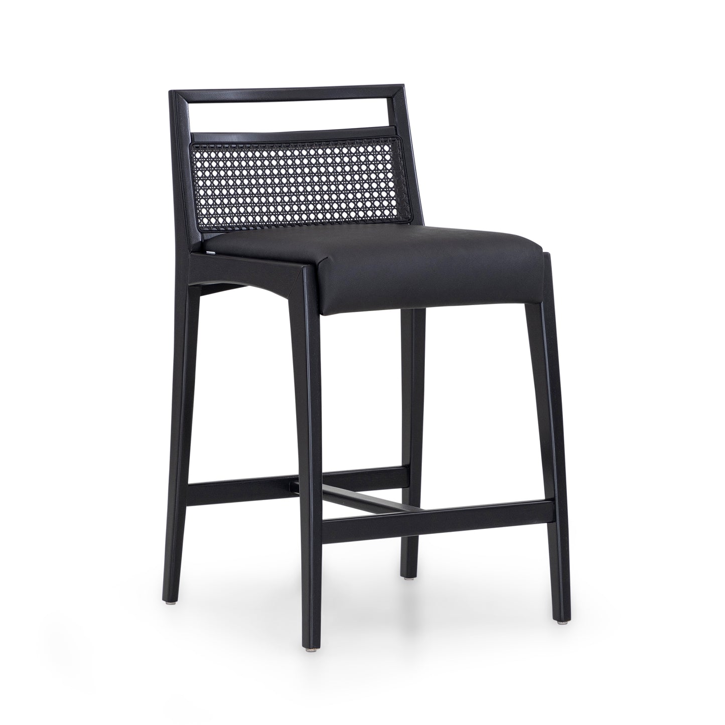 SOTTO Counter Stool in Black finish, Black Faux leather and Black cane