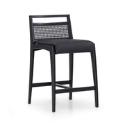 SOTTO Counter Stool in Black finish, Black Faux leather and Black cane