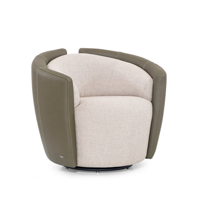 LIRIO Swivel Armchair in Green Leather and Taupe fabric