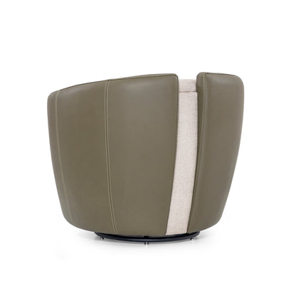 LIRIO Swivel Armchair in Green Leather and Taupe fabric