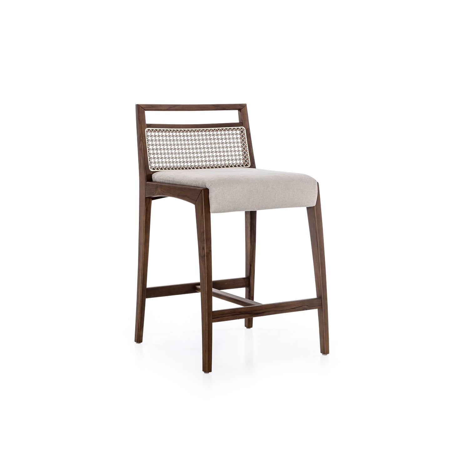 SOTTO Counter Stool in Walnut, Beige Fabric and Mixed Light Cane