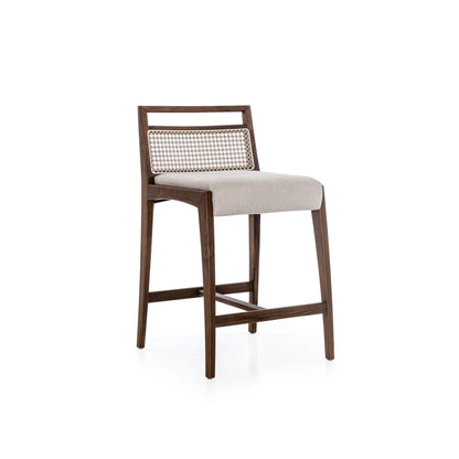 SOTTO Counter Stool in Walnut, Beige Fabric and Mixed Light Cane