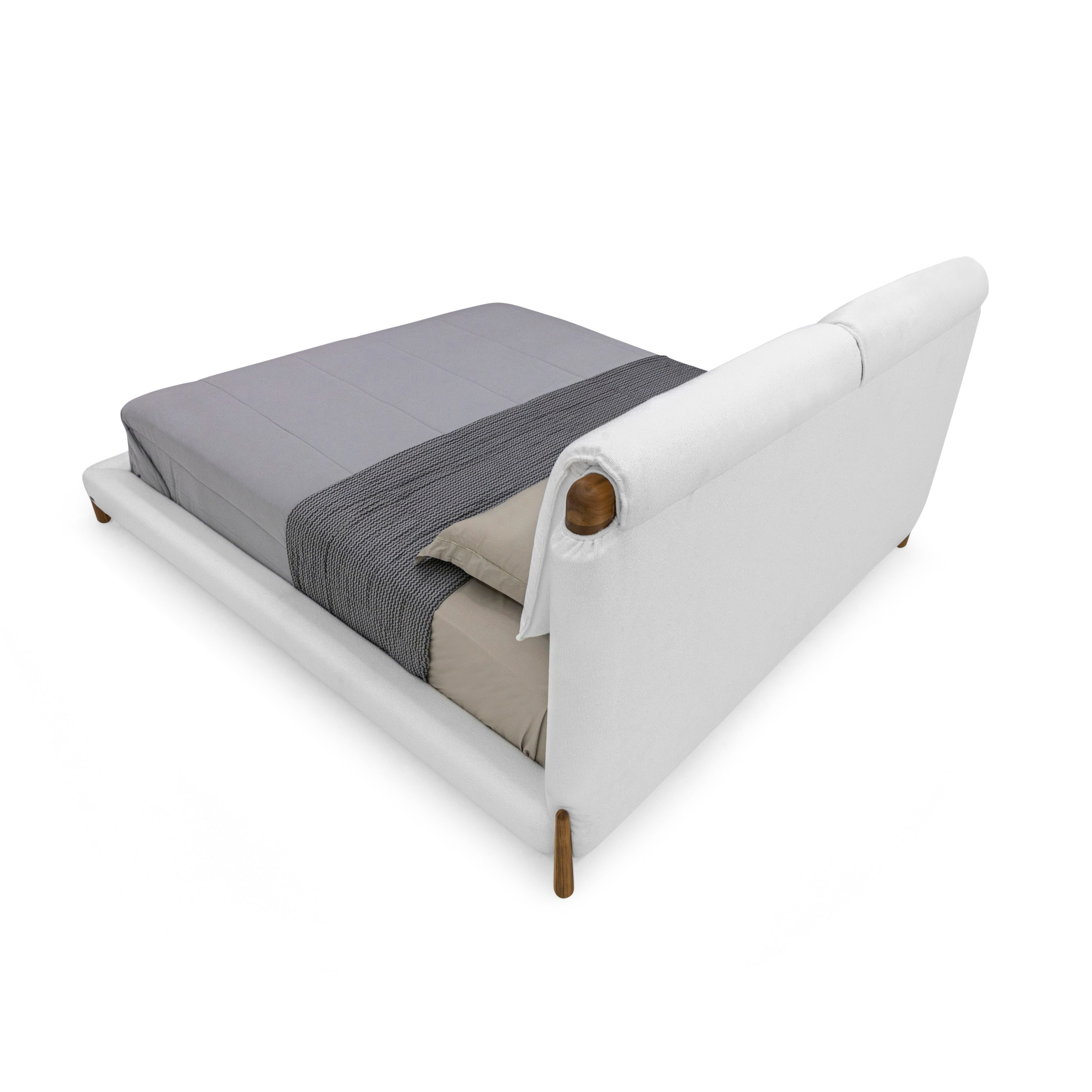 ELBOW Queen Bed in White fabric and Teak finish