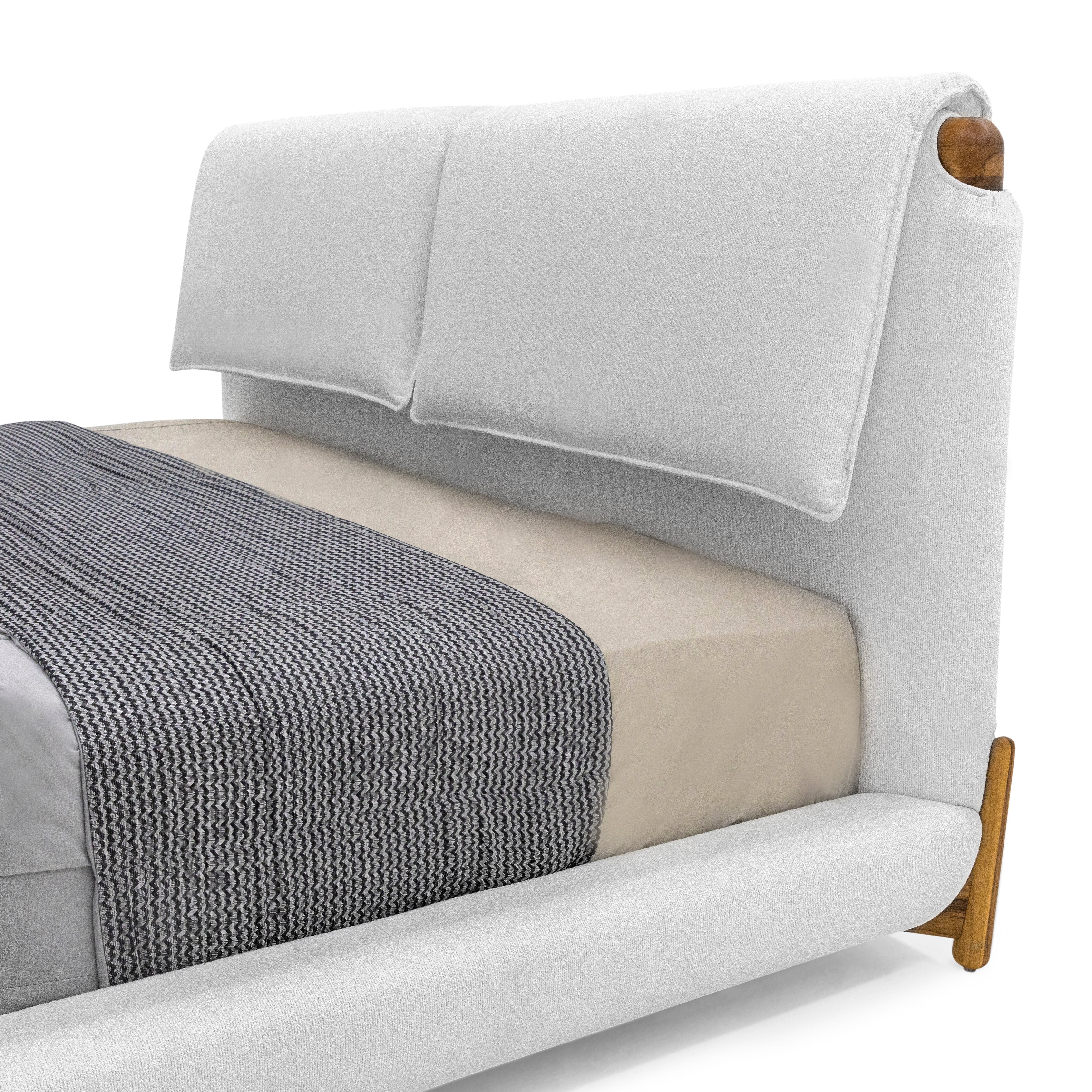 ELBOW Queen Bed in White fabric and Teak finish