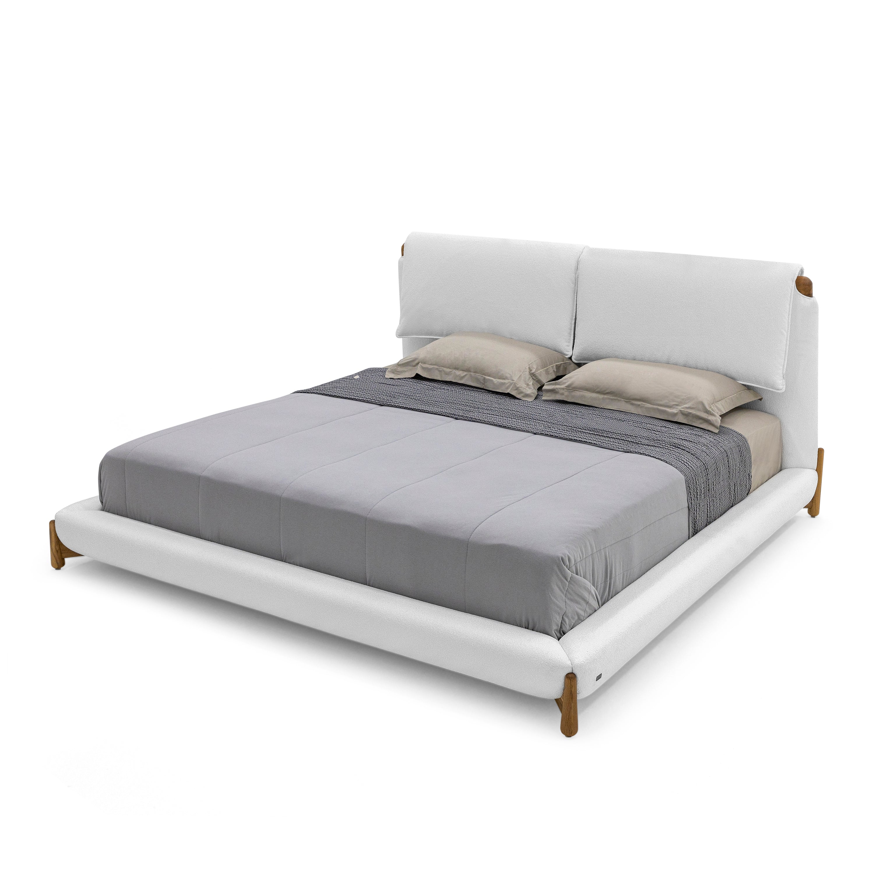 ELBOW Queen Bed in White fabric and Teak finish