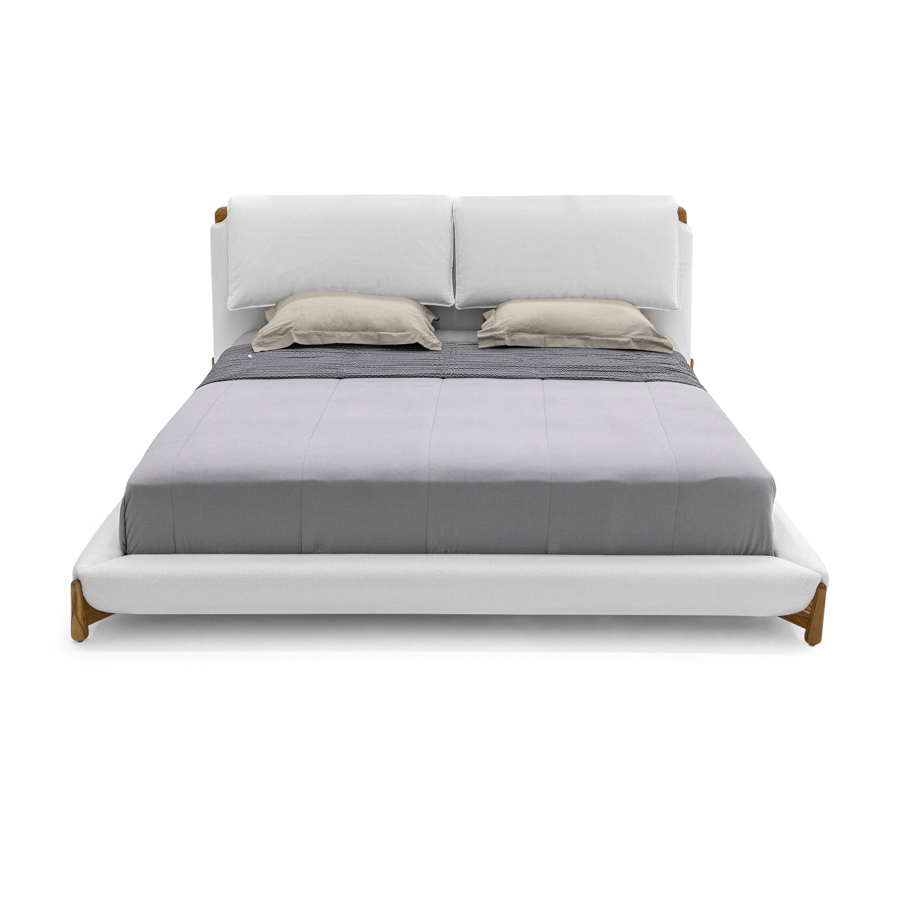 ELBOW Queen Bed in White fabric and Teak finish