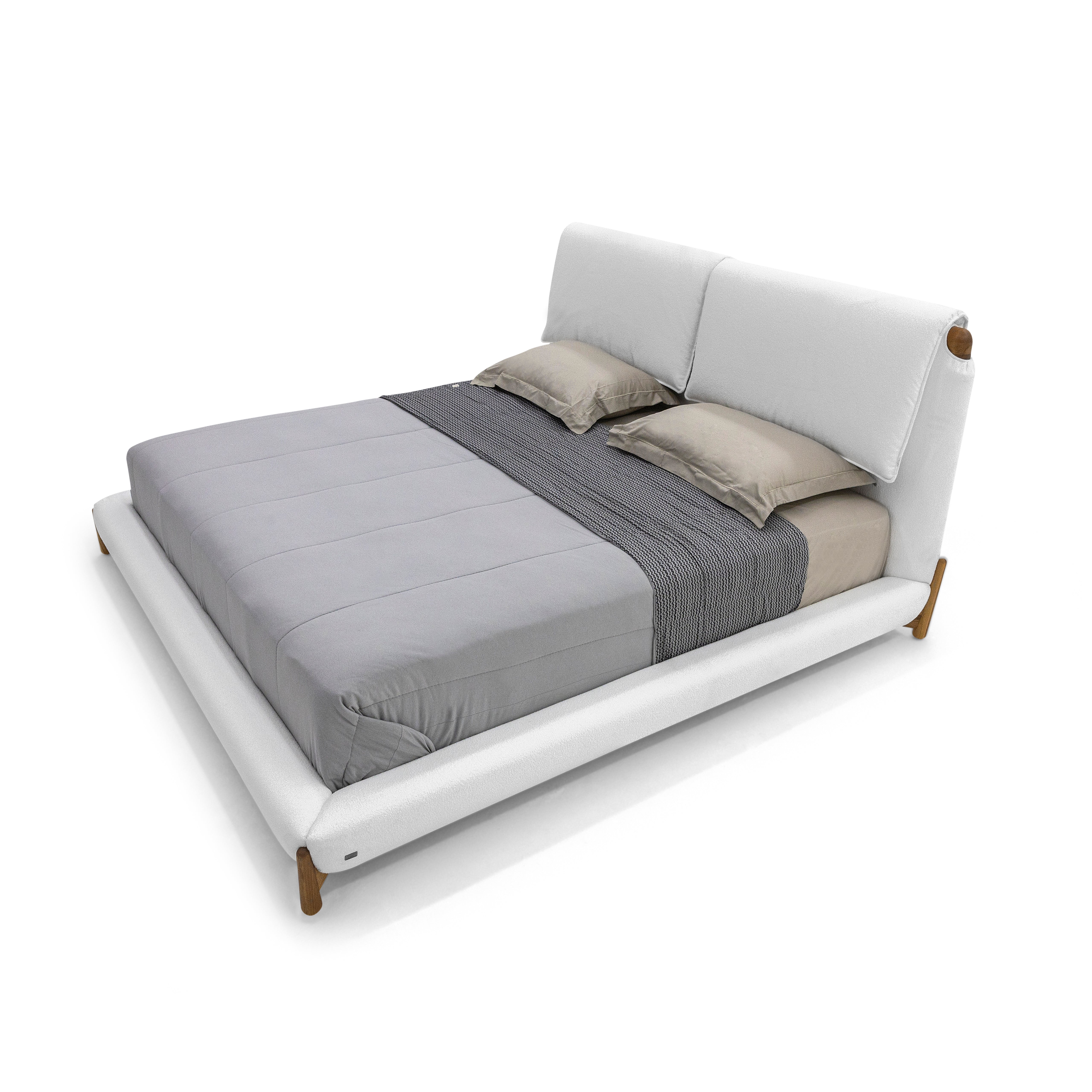ELBOW Queen Bed in White fabric and Teak finish