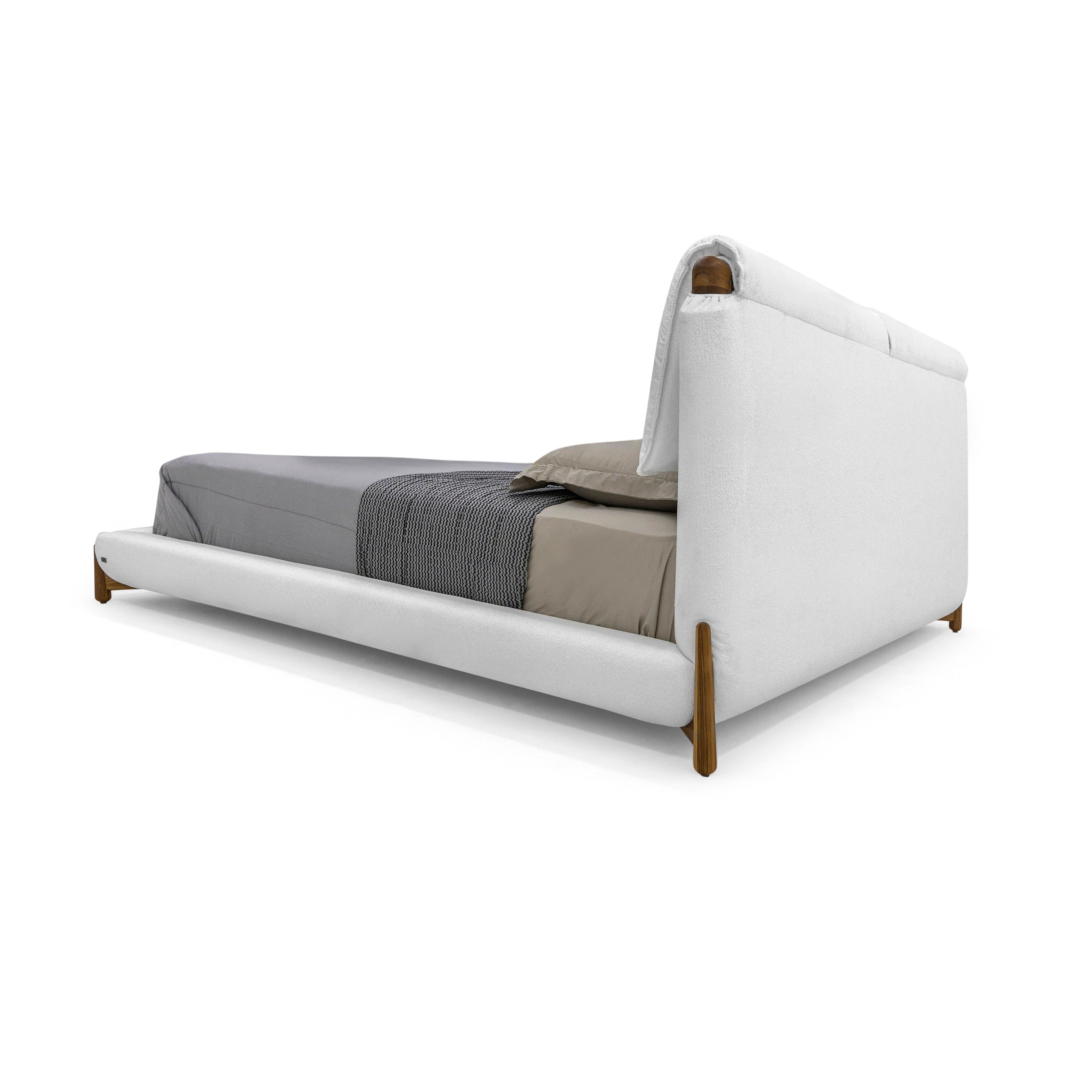 ELBOW Queen Bed in White fabric and Teak finish