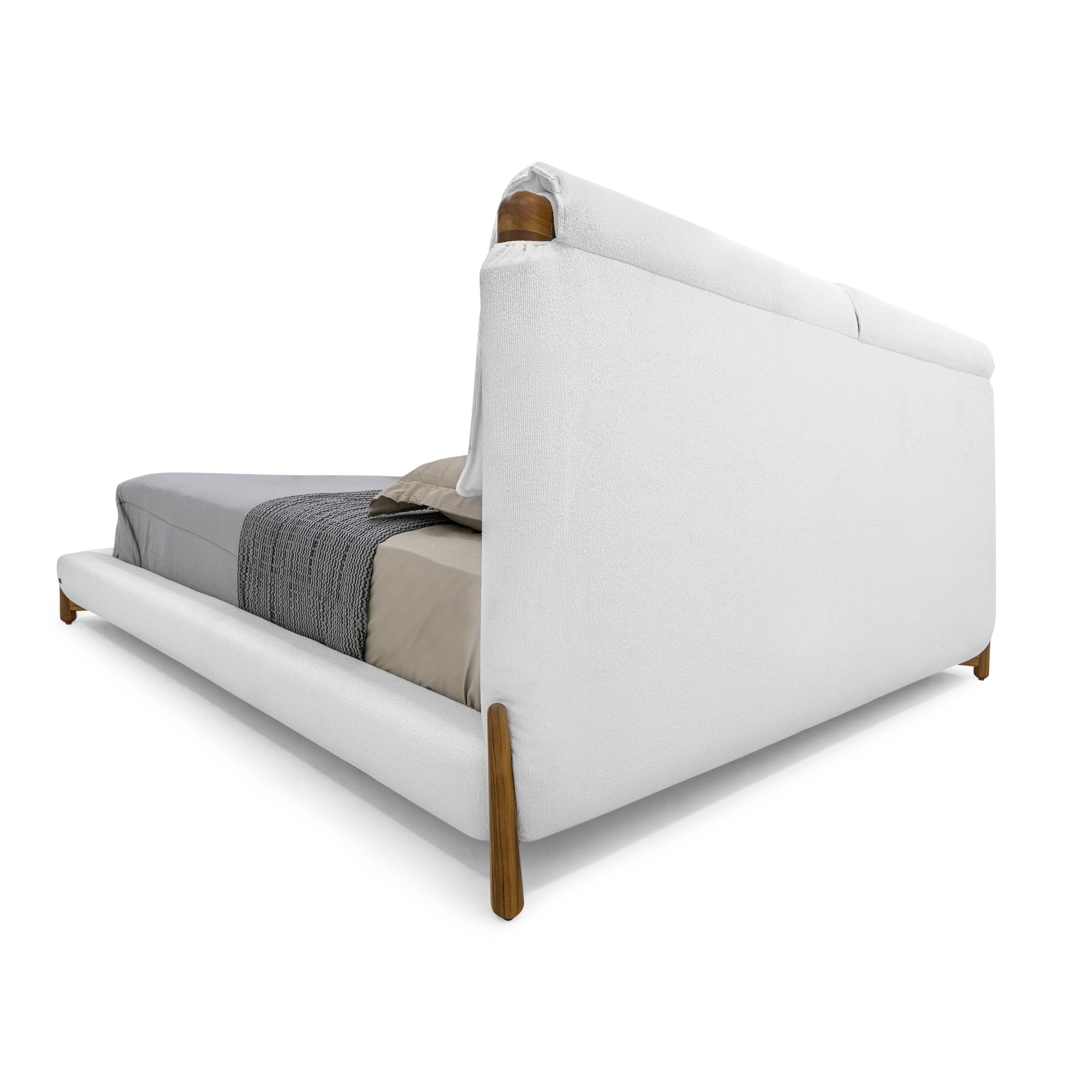 ELBOW Queen Bed in White fabric and Teak finish