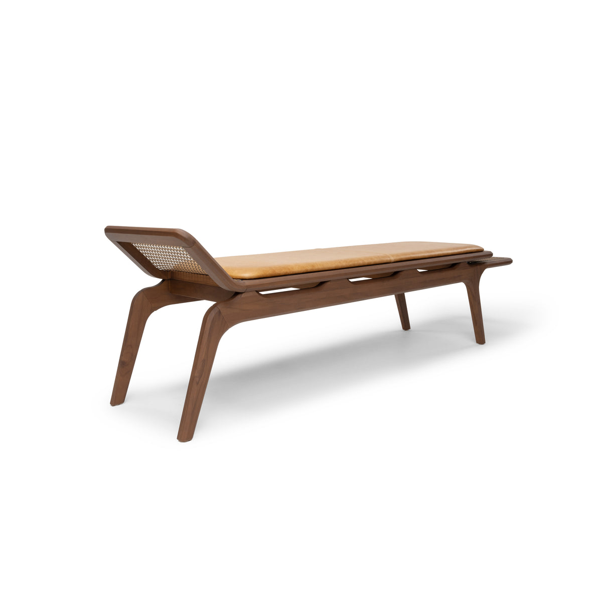 FALESIAS Bench 3 Seater in Walnut, Caramel Leather and Walnut Cane