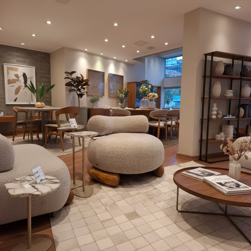 A modern round lounge chair with a textured beige bouclé fabric upholstery and a natural wood log base, set in a contemporary showroom with tiled floors and warm ambient lighting.