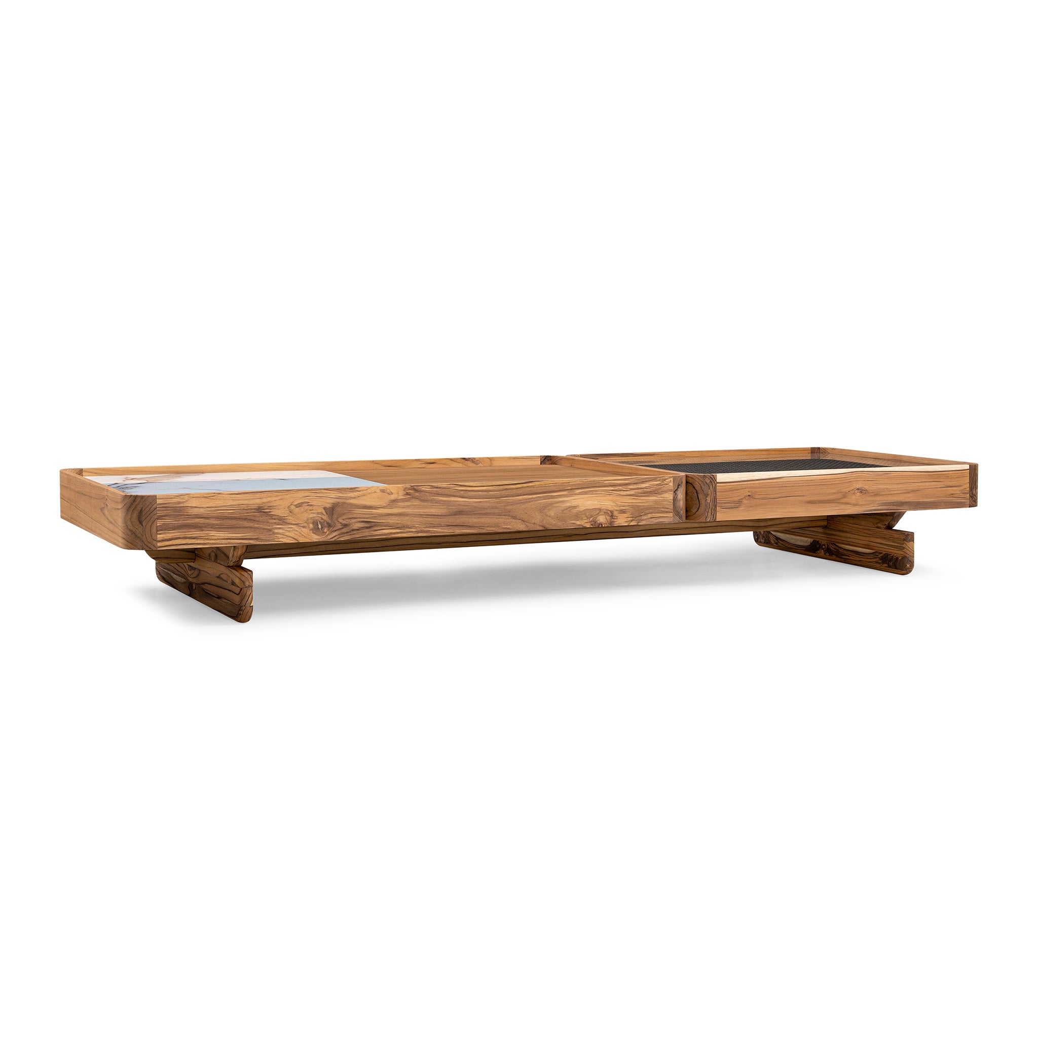 TRE Coffee Table In Teak, White Carrara Glass and Mixed Dark Cane