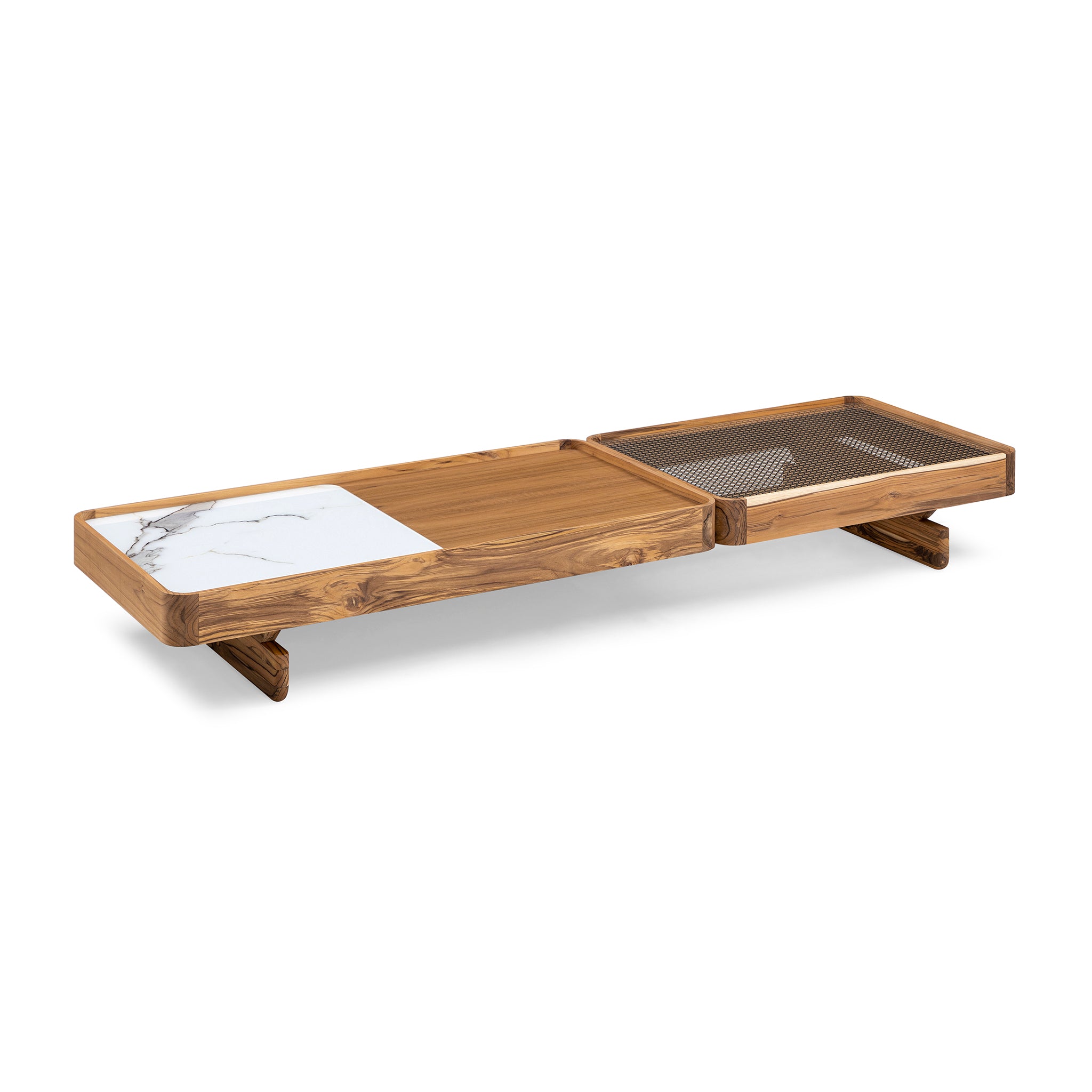 TRE Coffee Table In Teak, White Carrara Glass and Mixed Dark Cane