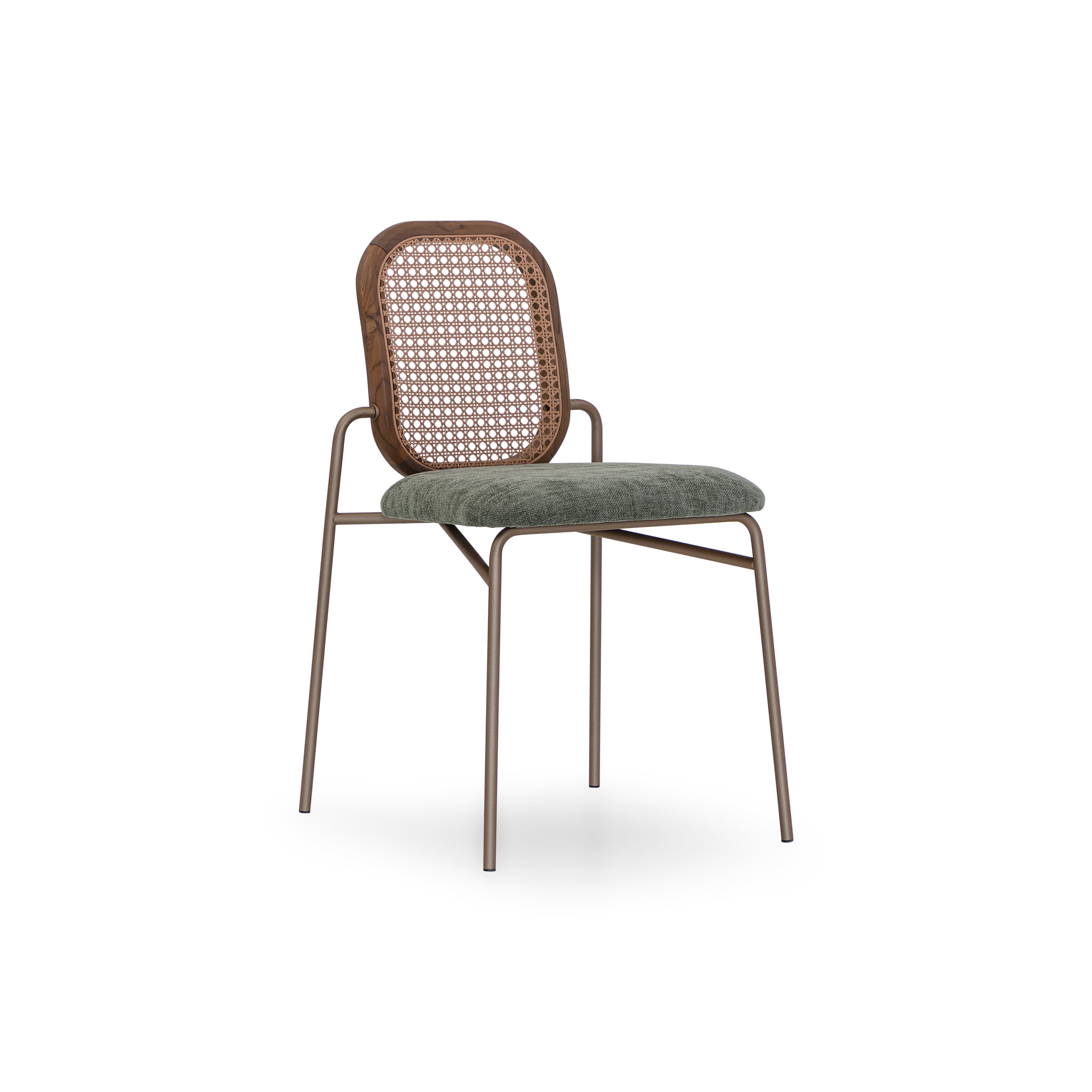 BAMBOO Dining Chair in Walnut and Chocolate, Green Fabric and Walnut Cane