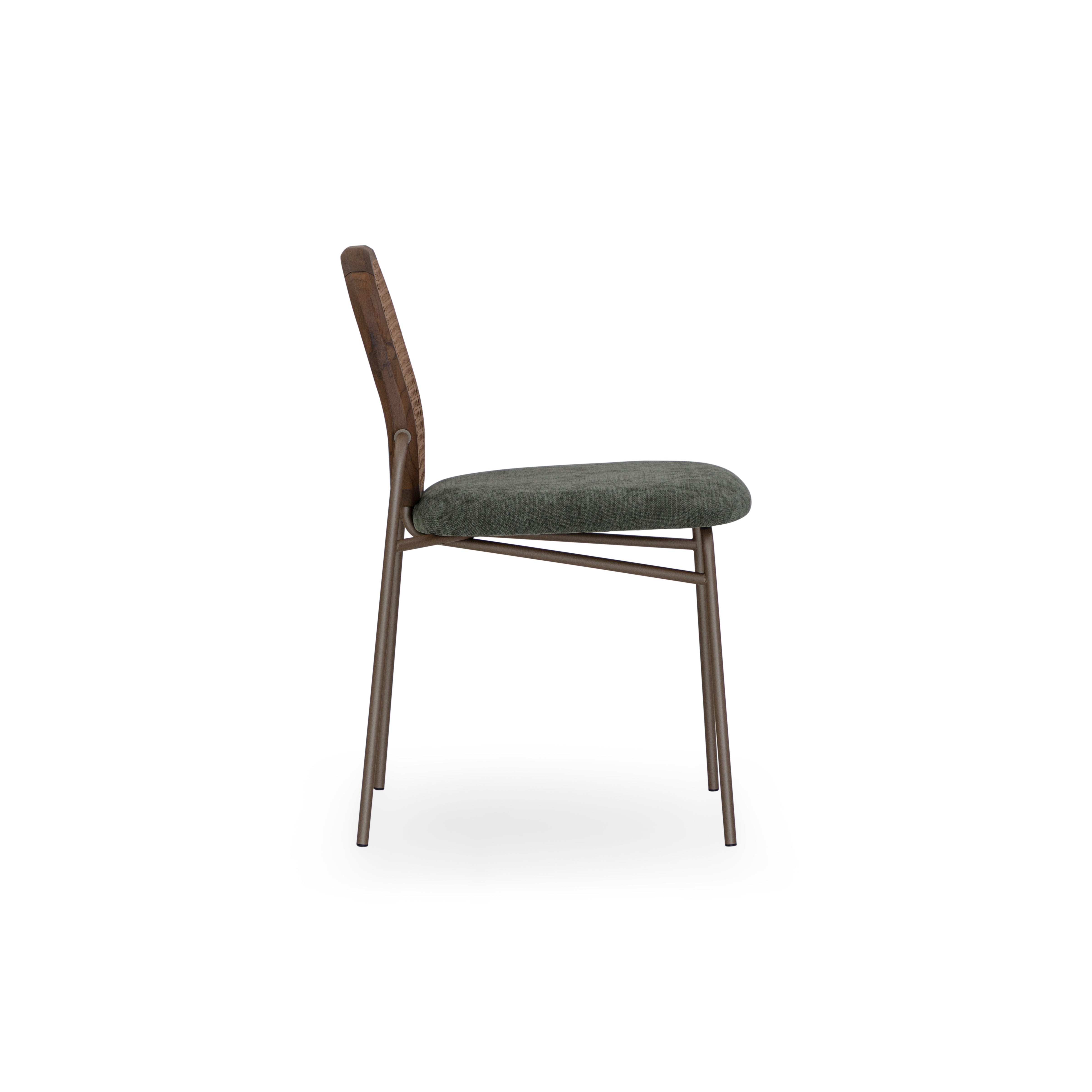 BAMBOO Dining Chair in Walnut and Chocolate, Green Fabric and Walnut Cane