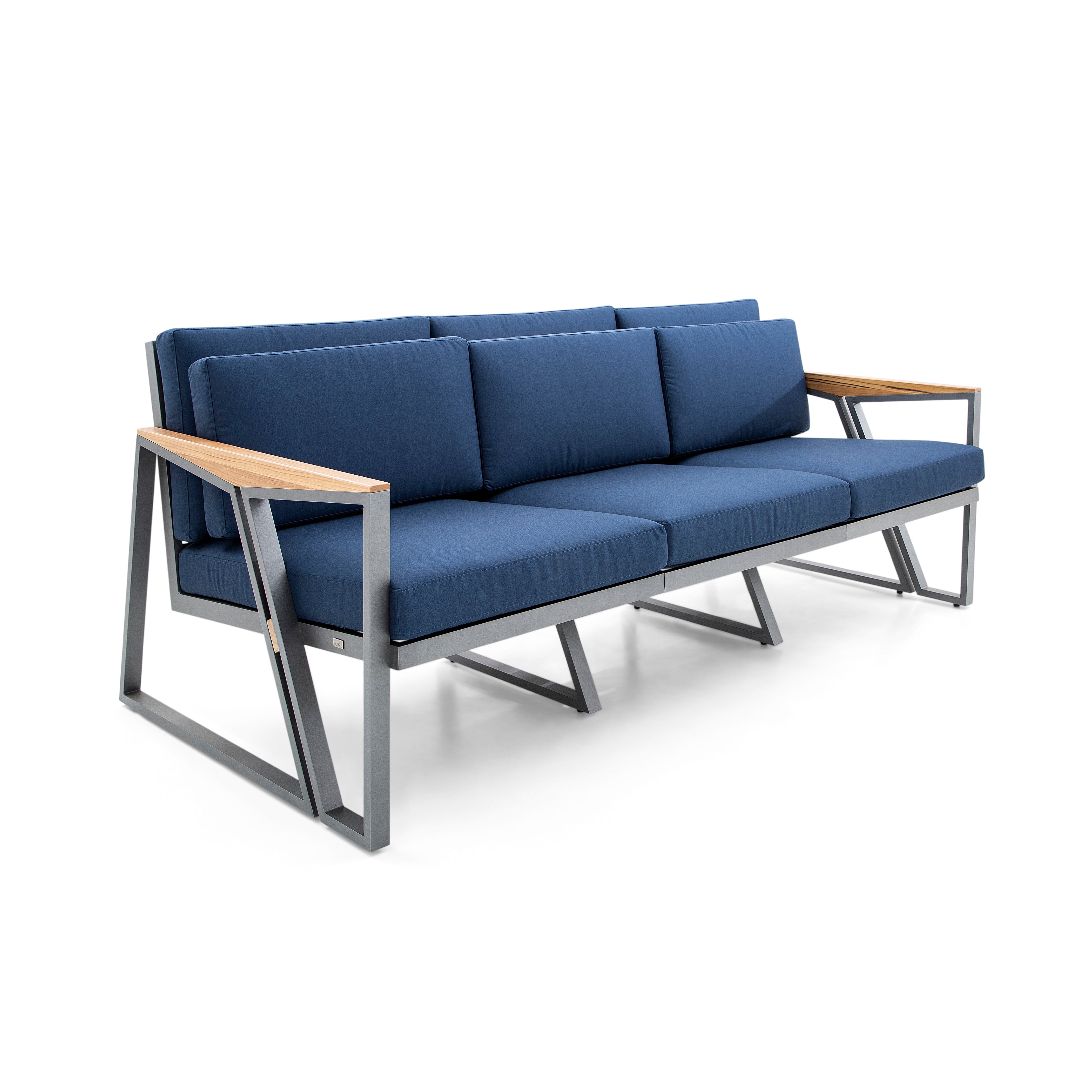 SCALENE Loveseat in Graphite and Teak with Dark Blue fabric