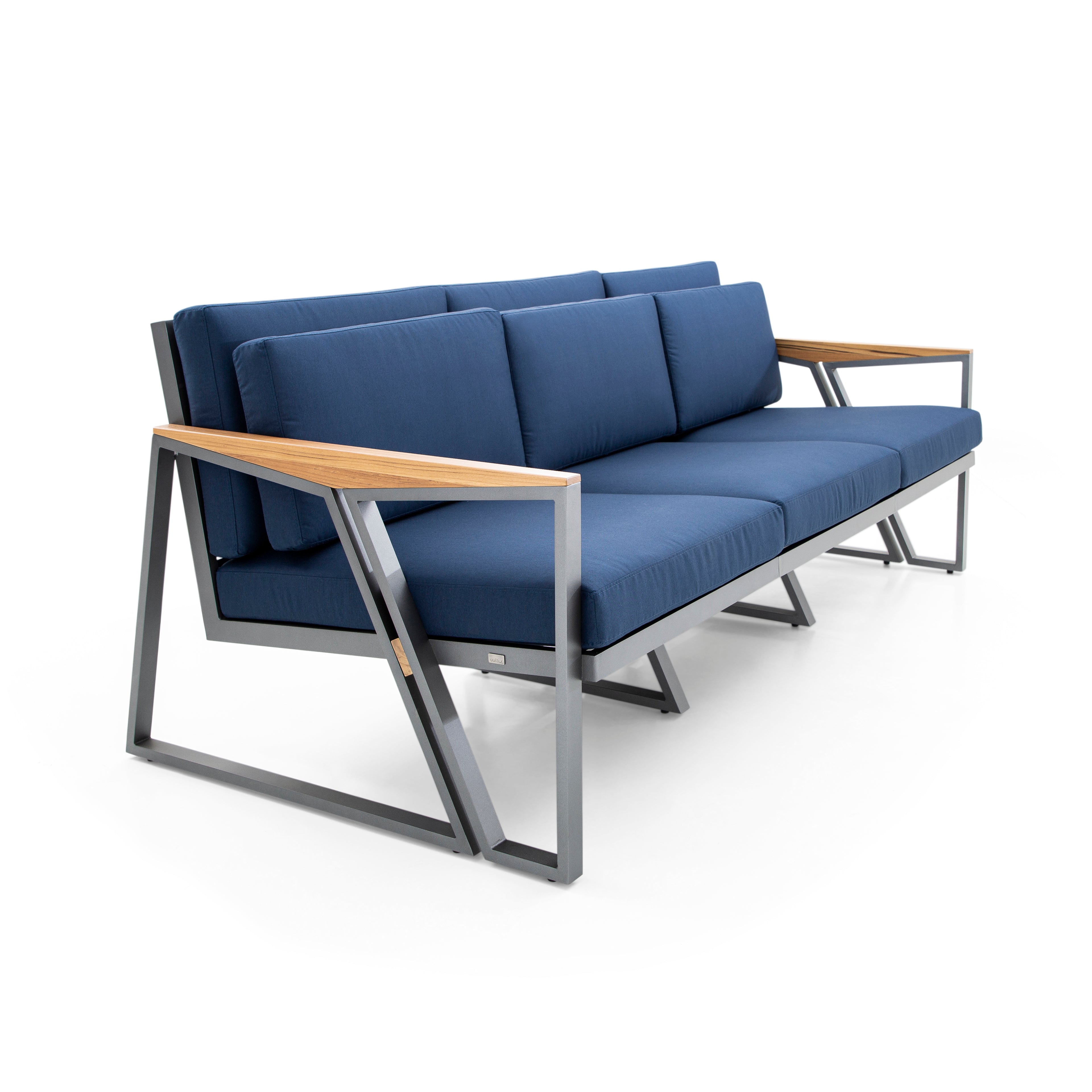 SCALENE Loveseat in Graphite and Teak with Dark Blue fabric