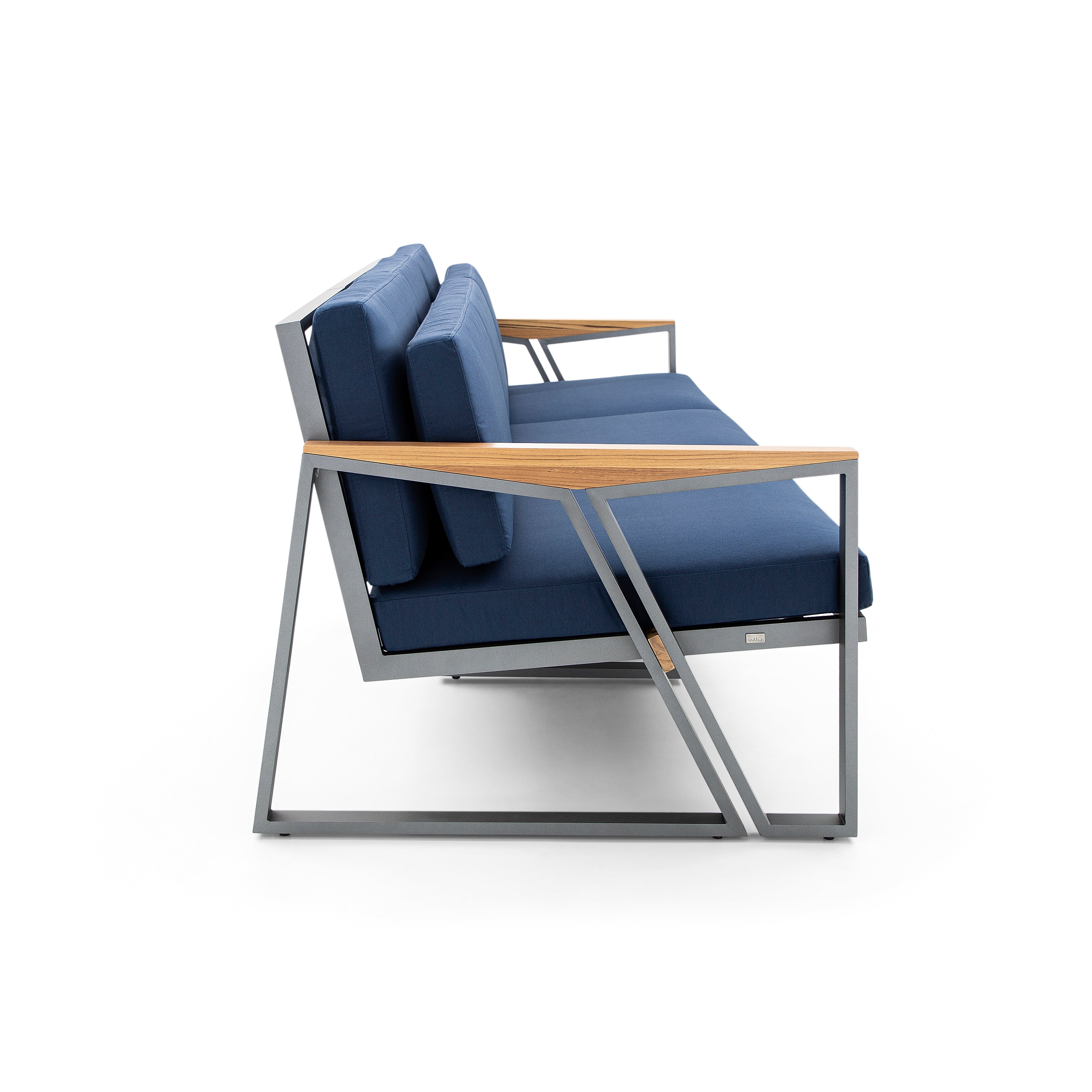 SCALENE Loveseat in Graphite and Teak with Dark Blue fabric